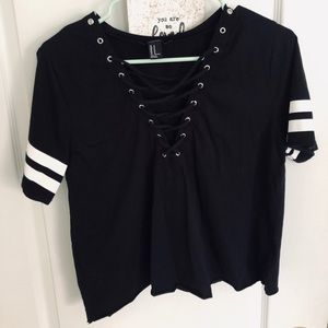 Cropped lace up shirt